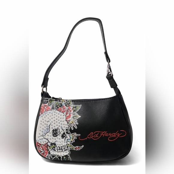 Ed Hardy Handbags - Ed Hardy Black Shoulder Bag with Skull and Floral Design
